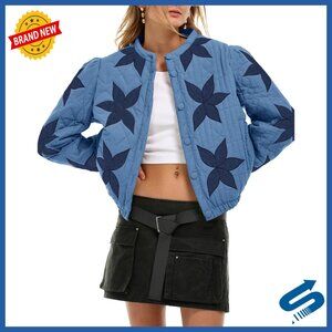 Women's Cropped Puffer Jacket Lightweight Quilted Flower Embroidery Winter Coat